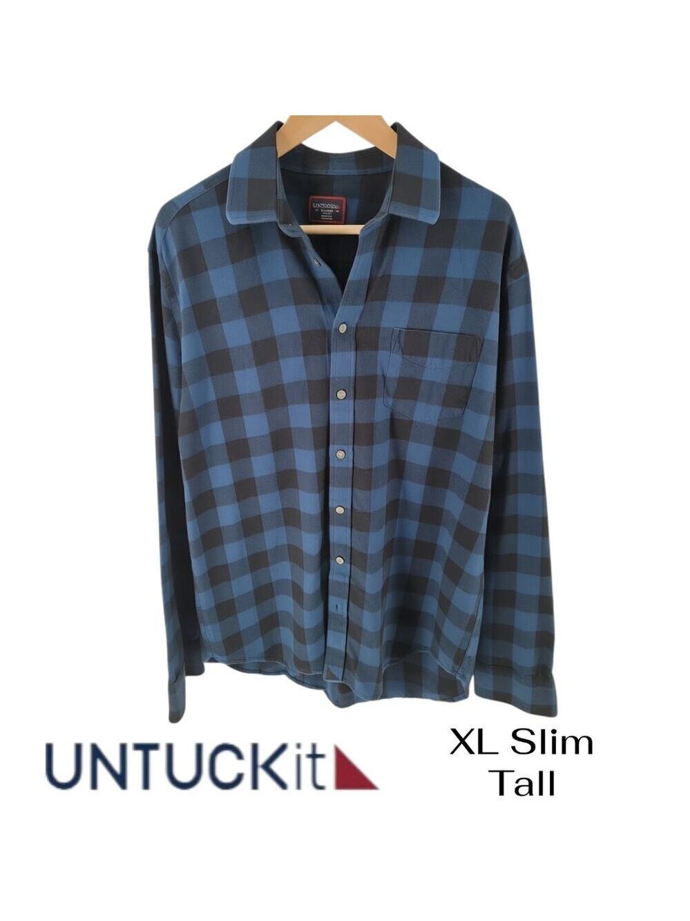 UNTUCKit XL Tall Slim Blue Black Buffalo Check Flannel Shirt 100% Cotton